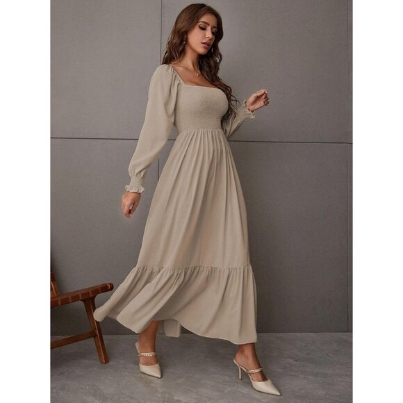 Women's Casual Maxi Dress Square Neck Long Sleeve Ruffle Shirred Flowing - Picture 3 of 7
